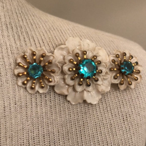 Vintage Celluloid Floral Pin & Clip Earrings Turquoise Gem Center - Picture 14 of 16